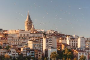 Istanbbul on a sunny day while pigeons are soaring in the air