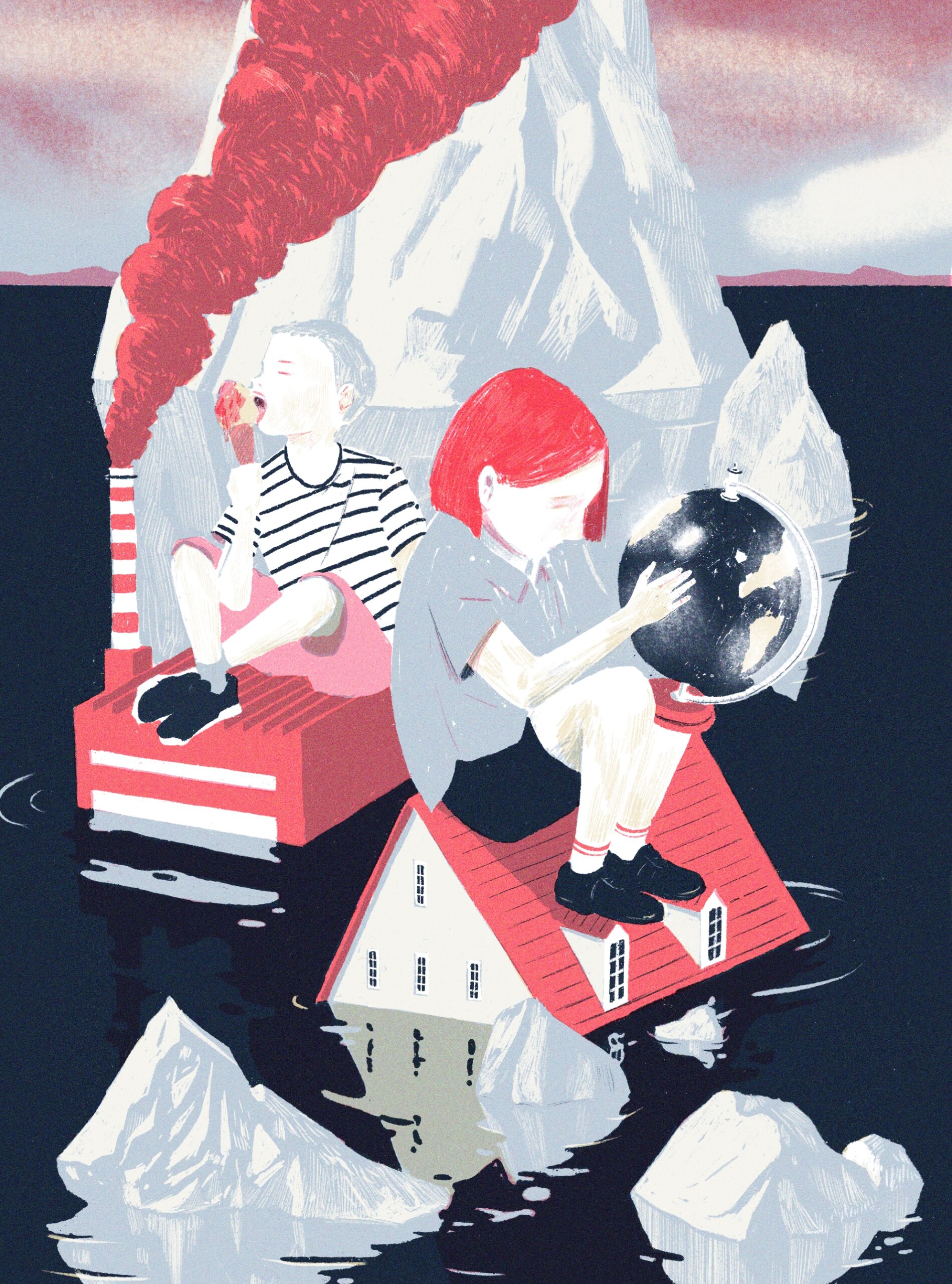 Illustration showing two children sitting on houses above water, with a melting iceberg behind them. One child is licking an ice cream, the other is holding a globe.