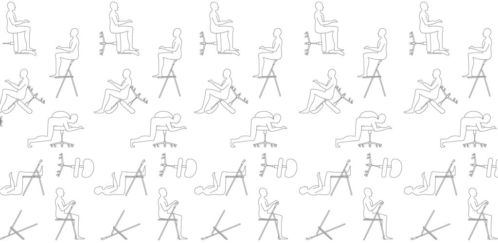 This illustration shows multiple silhouettes sitting on chairs at different angles and positions.